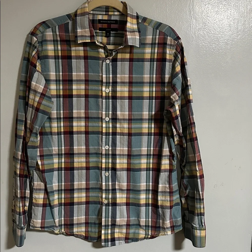 Banana Republic Men's Shirt Slim Fit Plaid Long Sleeve Size-M